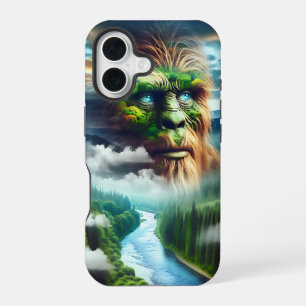 Coque iPhone 16 Bigfoot aux yeux bleus dans les montagnes