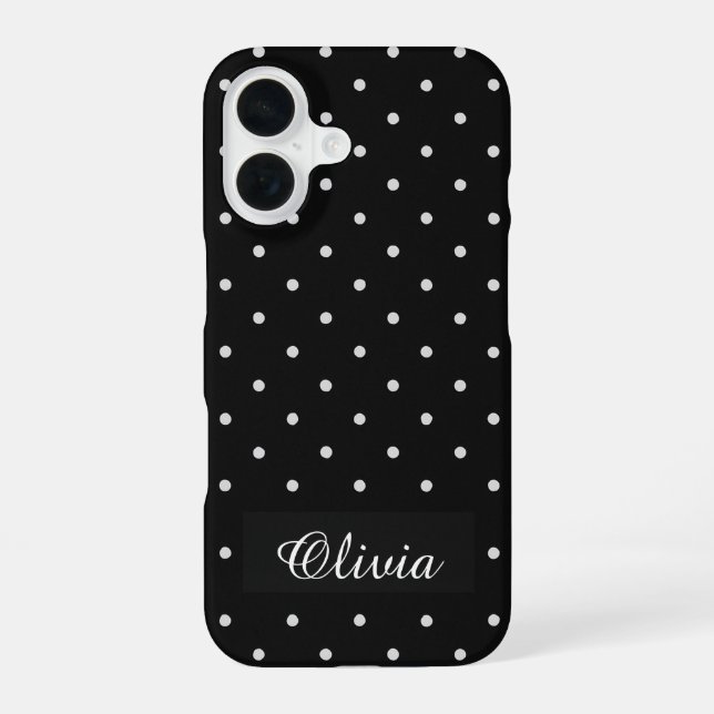 Coque iPhone 16 Black & White Polka Dot Custom Name (Verso)