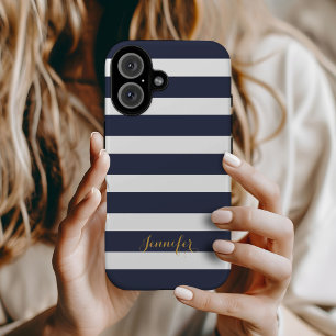 Coque iPhone 16 Bleu marine et or, rayures classiques et monogramm