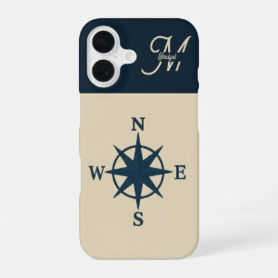 Coque iPhone 16 boussole bleu marine avec Monogramme Beige Coastal