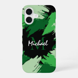 Coque iPhone 16 Brosse nuances de nom vert avec monogramme
