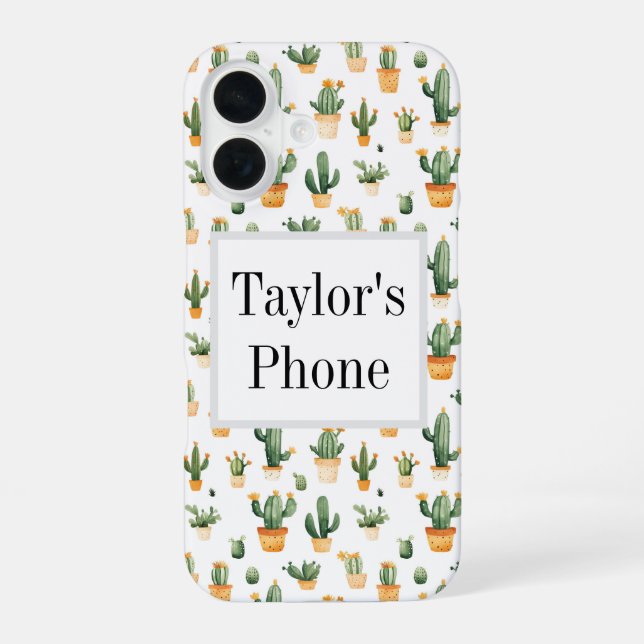 Coque iPhone 16 Cactus en pot sur fond blanc (Verso)