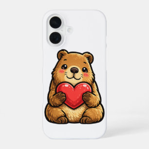 Coque iPhone 16 Capybara Mignon Tenant un Cœur Kawaii Capybara