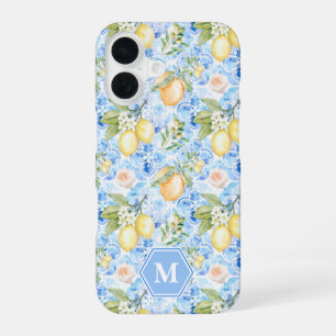 Coque iPhone 16 Carrelage Bleu Méditerranéen Limoncello Monogramme
