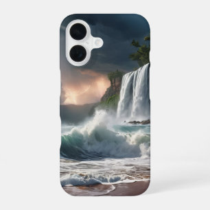 Coque iPhone 16 Cascade de foudre falaise vagues plage