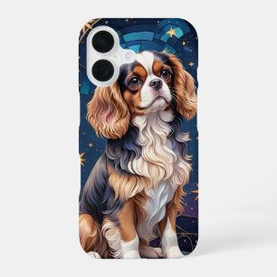 Coque iPhone 16 Cavalier King Charles Vitrail Nuit Ciel Étoilé