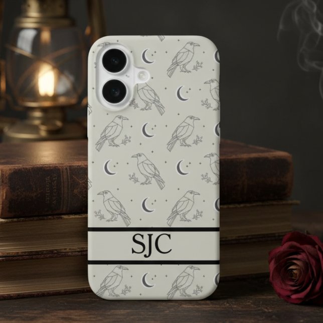 Coque iPhone 16 Celestial Raven Dark Academia (Gothic raven monogram phone case)