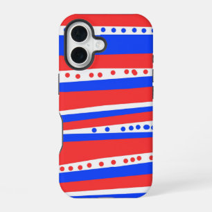 Coque iPhone 16 Cercles Rayures Rouge Blanc Bleu Festifs