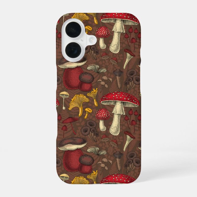 Coque iPhone 16 Champignons sauvages sur brun (Verso)
