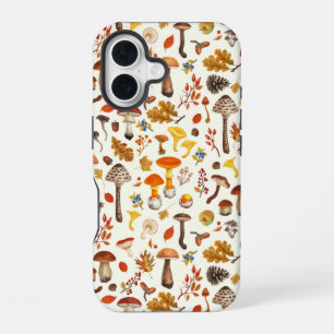 Coque iPhone 16 Champignons sauvages sur fond blanc cassé
