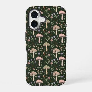 Coque iPhone 16 Champignons Vert Olive Terreux Motif Sans Couture