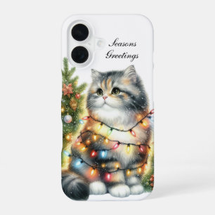 Coque iPhone 16 Chat de Noël festif personnalisable