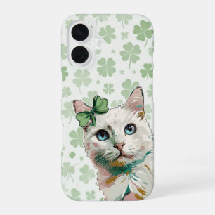 Coque iPhone 16 Chat Trèfle à yeux bleus