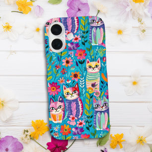 Coque iPhone 16 Chats et fleurs colorés Fantaisistes Heureux