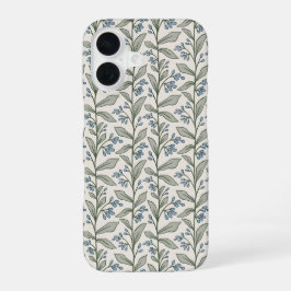 Coque iPhone 16 Chic Botanique Fleurs Bleues Feuilles Vertes Art