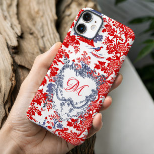 Coque iPhone 16 Chinoiserie vintage Delft rouge bleu monogramme