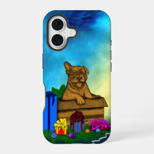 Coque iPhone 16 Chiot dans une boîte, Joyeux Noël
