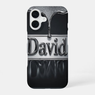 Coque iPhone 16 💧 Chrome Liquide « David » Métallic Flow Nom Luxe