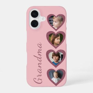 Coque iPhone 16 Cœur Rose Mémé Collage Photo des Petits-Enfants