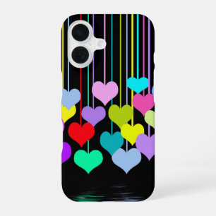 Coque iPhone 16 Cœurs Ballants Sur Fond Noir