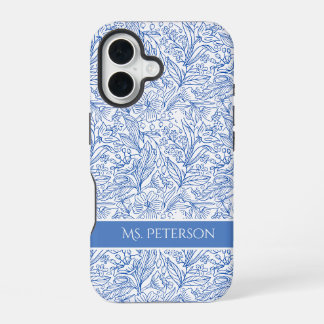 Coque iPhone 16 Conception botanique bleue élégante personnalisée