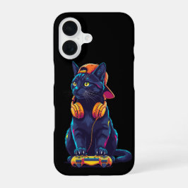 Coque iPhone 16 Cool Black Cat Gamer Halloween Design Éffrayant
