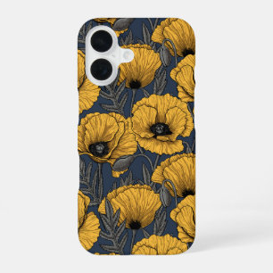 Coque iPhone 16 Coquelicots jaunes sur fond bleu marine