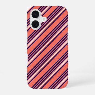 Coque iPhone 16 Corail, bleu marine et blanc cinq bandes motif