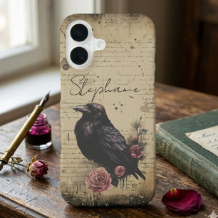 Coque iPhone 16 Corbeau gothique et lettrage floral vintage