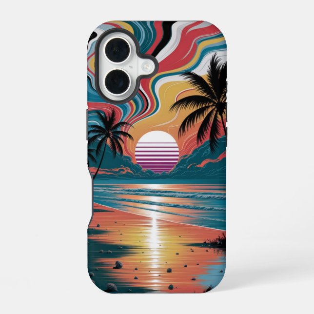 Coque iPhone 16 Coucher de soleil Retro Wave (Verso)