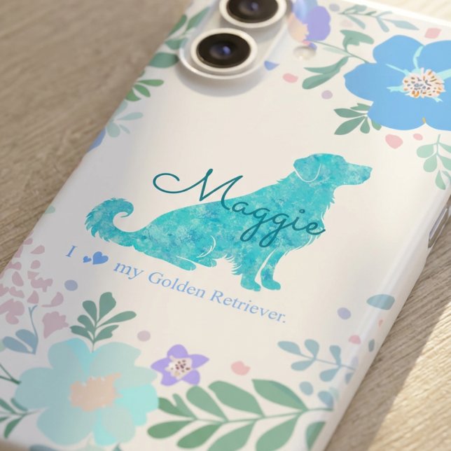 Coque iPhone 16 Custom Name Golden Retriever Pastel Blue Floral (Créateur téléchargé)