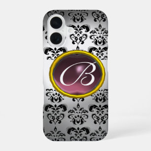 Coque iPhone 16 DAMASK GEM MONOGRAM blanc noir violet