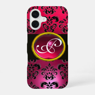 Coque iPhone 16 DAMASK GEM MONOGRAM Rose Rouge Rubis