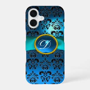Coque iPhone 16 DAMASK GIRLY MONOGRAM  ruban bleu