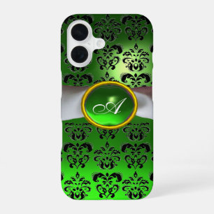 Coque iPhone 16 DAMASK GIRLY MONOGRAM ruban vert blanc