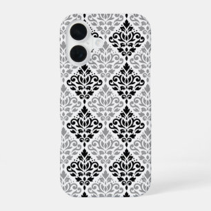 Coque iPhone 16 Défiler Damask Grand Motif noir gris blanc