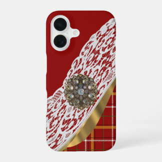 Coque iPhone 16 Dentelle rouge tartan