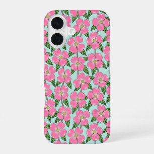 Coque iPhone 16 dessin au trait de cornouiller à fleurs roses flor