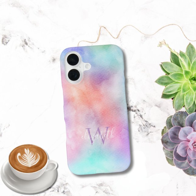 Coque iPhone 16 Double Monogramme Nom Initiale Aquarelle Pastel (Double monogram Name and Initial, Pastel rainbow watercolor iPhone case. iPhone 16 15 14 13 12 11)
