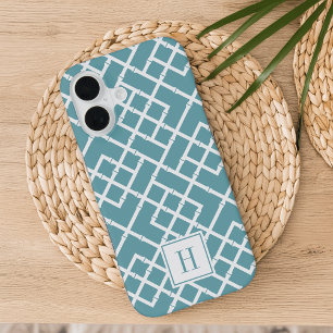 Coque iPhone 16 Dusty Aqua Bamboo Lattice Motif Monogramme
