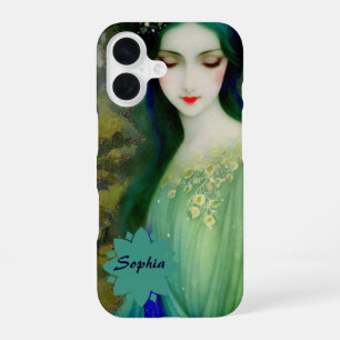 Coque iPhone 16 Élégant Imaginaire Portrait femme en vert et bleu