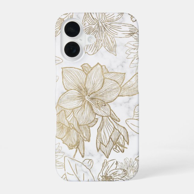 Coque iPhone 16 Elégant moderne blanc gris or marbre floral (Verso)