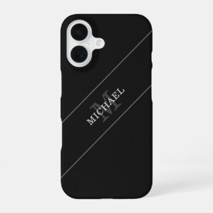Coque iPhone 16 Élégant Monogramme Argent Noir Nom Personnalisé