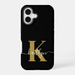 Coque iPhone 16 Élégant Monogramme Black Gold Script