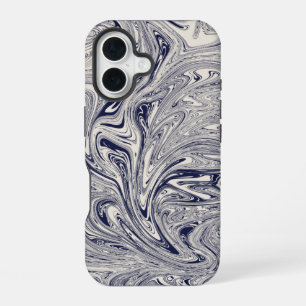 Coque iPhone 16 Élégant Tourbillon de Marbre Bleu et Blanc