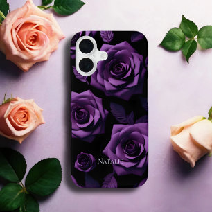 Coque iPhone 16 Élégant violet foncé Roses Monogramme Téléphone Ca