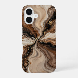 Coque iPhone 16 Élégante Abstraction Fluide Marron et Or