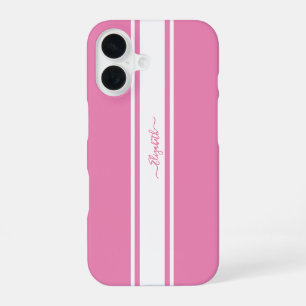 Coque iPhone 16 Élégantes Rayures de Course Rose Blanc Monogramme