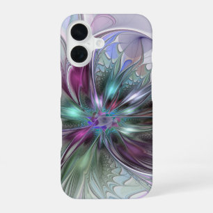 Coque iPhone 16 Fantaisie Abstraite Moderne Fleur Fractale Colorée