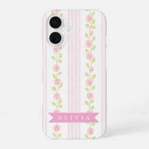 Coque iPhone 16 Féminine rose personnalisée coquette florale rayée